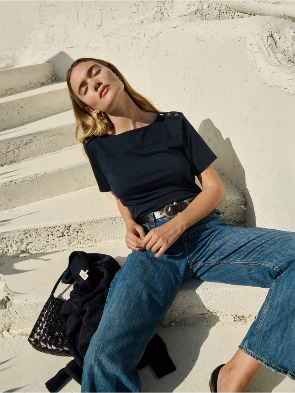 Nation LTD Navy Boatneck Short Sleeve Tee with Shoulder Button Detail
